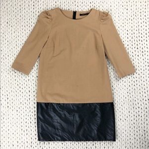 Zara Camel Black Leather Colorblock Shift Dress